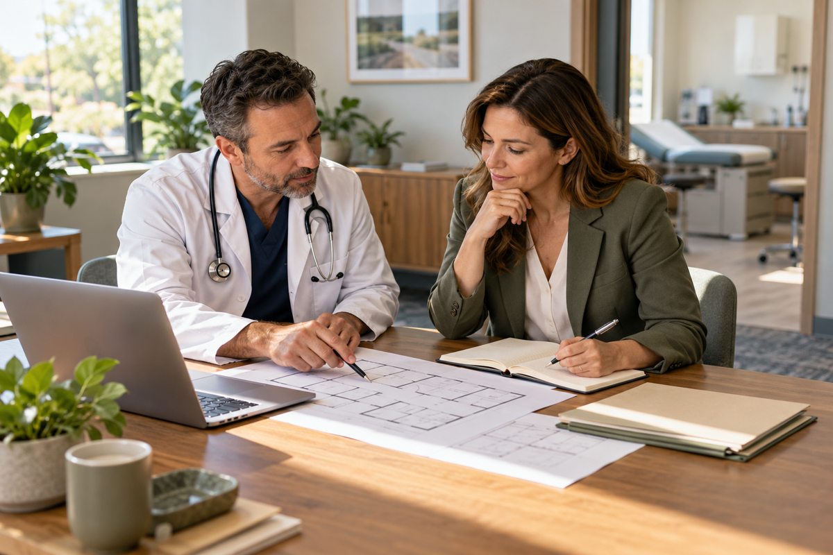 Illustrative scene of a physician and adviser reviewing a new practice floor plan.