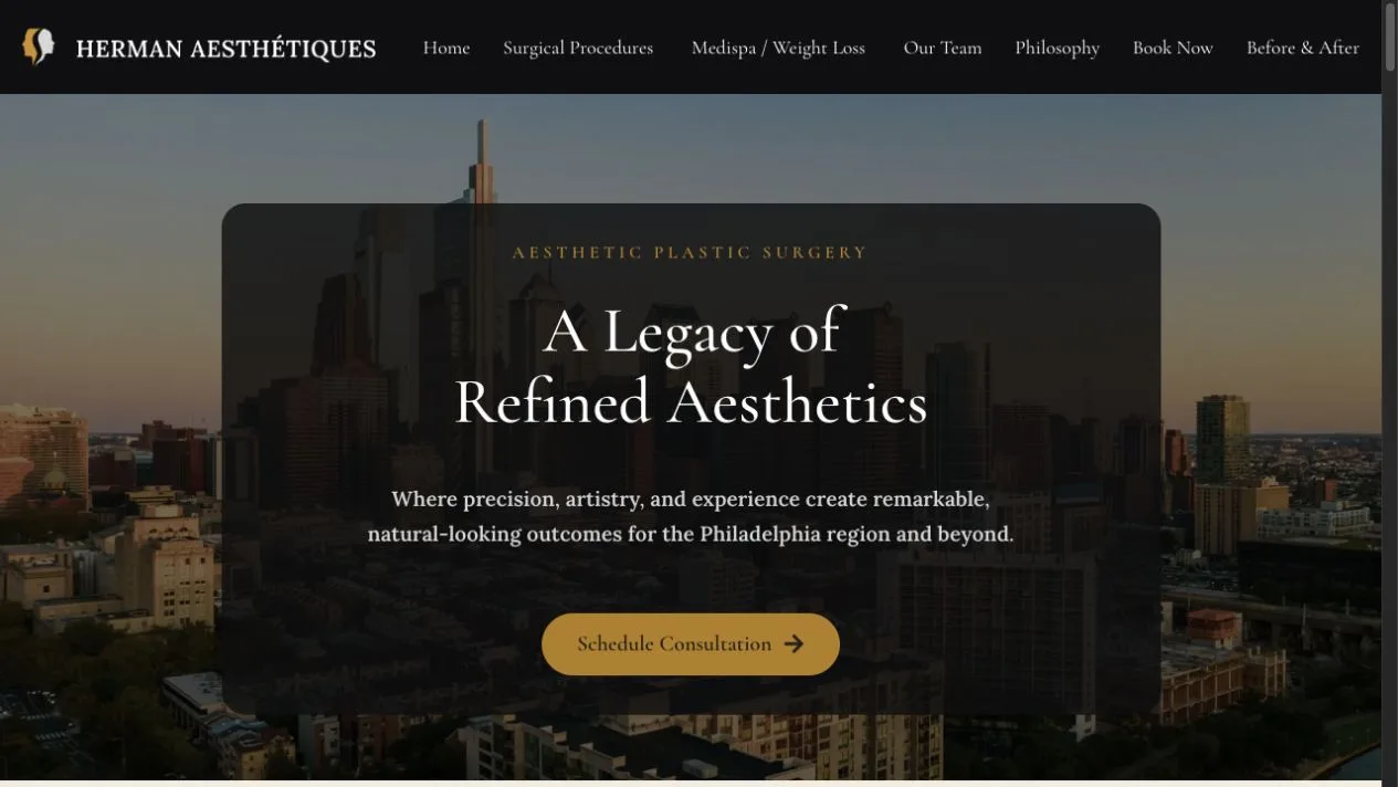 Herman Aesthétiques homepage with a Philadelphia skyline, black and gold palette, and consultation link