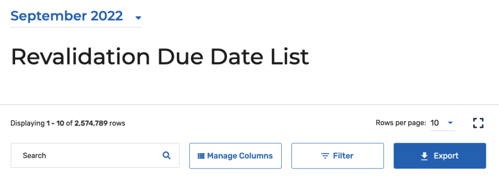 CMS Medicare revalidation due-date list, shown in September 2022